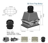 HDC-HE-032 Rectangular Heavy Duty Connector 32 Core Industrial Waterproof Socket 16A 500V HE32 Top/Side Entry Housing Screw(Top Entry)