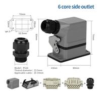 HDC-HE-06 Rectangular Heavy Duty Connector 6 Core Insert Screw Terminal 16A 500V HE6 Top/Side Entry Hood Industrial Cable(Side Entry)