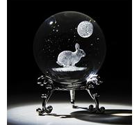 HDCRYSTALGIFTS 3D Crystal Ball Paperweight with Silver-Plated Flowering Stand, 60mm Laser Engraved Rabbit Figurine Collectible, Decorative Glass Ball, Creative Gift