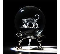 HDCRYSTALGIFTS 3D Crystal Ball with Silver-Plated Flowering Stand 2.4inch Laser Engraved Crystal Decorative Ball Glass Sphere for Home Decor Gift (Cat and String)