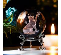 HDCRYSTALGIFTS Cat Crystal Ball with Stand 3D Laser Engraved Glass Globe Decorative Art Crystal Sphere Glass Ball Paperweight Gifts for Women(2.5in,Clear)