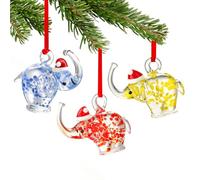 HDCRYSTALGIFTS Multi-Colored Elephant Christmas Ornaments Set of 3, Blown Glass Elephant with Christmas Hat Ornaments Christmas Tree Hanging Decoration Home Xmas Holiday Decor