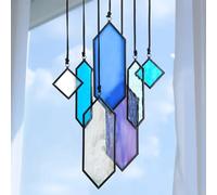 HDCRYSTALGIFTS Stained Glass Window Hanging Suncatchers - 7 Pieces Handcrafted Element Earth Tones Panel Set,Modern Blue Wall Art Sun Catchers Indoor Window Home Garden Decor