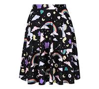 HDE Women's Cute Printed Skater Skirt Midi Length Fun Animal Pattern Pleated (Unicorns and Rainbows, Large)