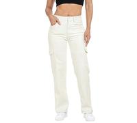 HDE Women's Faux Leather Cargo Pants with Pockets High Waisted Y2K Relaxed Pant, Cream White, 27