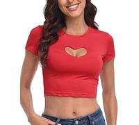 HDE Women's Heart Cut Out Crop Top Short Sleeve T Shirt Y2K Cropped Baby Tee