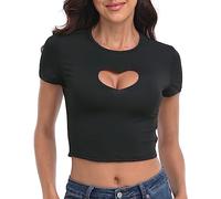 HDE Women's Heart Cut Out Crop Top Short Sleeve T Shirt Y2K Cropped Baby Tee