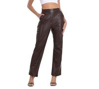 HDE Women's Pull On Faux Leather Kick Flare Pants High Waisted Pant with Pockets, Dark Brown, M