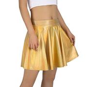 HDE Women's Shiny Liquid Metallic Holographic Pleated Flared Mini Skater Skirt (Gold, Medium)