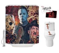 Hdem Halloween Shower Curtain Set for Bathroom- Scary Killer Freddy Jason Michael, Horror Movie Themed Holiday Polyester Fabric Decoration with Hooks and Toilet Stickers, Christmas Party Decor 72x72