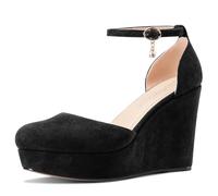 HDEUOLM Womens Wedges Platform Heel Round Toe Pumps Ankle Strap Two-Piece Casual Basic Classic 3.9 Inches Heels, Black, 5.5 UK