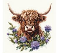 Hdfvlfdsa 11Ct DIY Stamped Cross Stitch Kit Embroidery Kit Scottish Highland Cattle and Thistle Flowers（16×16Inch Counted Cross Stitch Kits Oil Painting Counted Cross Stitch Kits for Adults Beginners