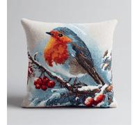 Hdfvlfdsa Cross Stitch Cushion Kit, Snow Robin Bird On Branch Winter 17.7X17.7In(45X45Cm) Cushion Back Included, Pre Printed Canvas, Stamped Cross Stitch Pillowcase Yarn and Needle Included Embroider
