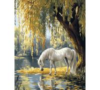 Hdfvlfdsa Cross Stitch Kits White Horse Under A Willow Tree 40X50Cm Stamped Cross Stitch Preprinted 11Ct Fabric Cross Stitch DIY Art Embroidery Kits for Adults (Stamped)