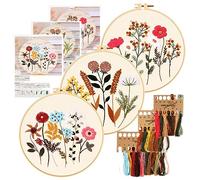 HDHGXUJRD Embroidery Kit, Floral Pattern Botanical Embroidery Kits for Adults with 3 Pieces Plastic Embroidery Hoops, Colourful Threads and Tools, Embroidery Kit for Beginners for DIY Arts and Crafts