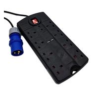 HDIUK 16 amp CEE 230 volt plug to 8 Gang UK sockets + 2 USB Outlet. 2m Cable Black. Camping, Stage, Motorhome