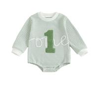 Hdjbinsk Baby Boy 1st Birthday Striped Romper Fashionable Number Embroidery Sweatshirt Long Sleeve Round Neck Number Embroidery Bodysuit Infant Birthday Bodysuit Swwatshirt (Green, 6-12 Months)