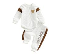 Hdjbinsk Baby Boy's Bear Outfits Long Sleeve Bear Embroidery Textured Romper With Elastic Waist Letter Embroidery Pants 2 Pieces Knit Bear Embroidery Tracksuit Mama's Boy Outfit (White, 6-9 Months)