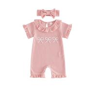 Hdjbinsk Baby Girl Summer Romper Bow Embroidery Ruffle Jumpsuit Short Sleeve Round Neck Bow Embroidery Waffled Jumpsuit with Headband Baby Girls Ruffle Bubble Bodysuit Weiche Babyset