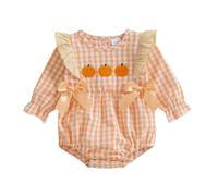 Hdjbinsk Baby Girls Halloween Pumpkin Bodysuit Cute Checked Ruffle Romper Long Sleeve Round Neck Pumpkin Ghost Embroidery Bow Romper Soft Halloween Plaid Bodysuit Outfit (Orange, 12-18 Months)