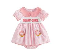 Hdjbinsk Infant Girls 1st Birthday Doughnuts Print Romper First Birthday Embroidered Letters Romper for Girl Half One Baby Girls Short Sleeves Romper (Pink, 12-18 Months)