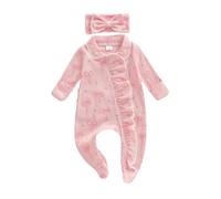 Hdjbinsk Newborn Girl Fall Romper Waffled Bow Print Bodysuit Long Sleeve Bow Print Zip Up Footed Waffle Jumpsuit With Headband Baby Girls 2 Pcs Footie Romper Set One Piece Jumpsuit (Pink, Newborn)