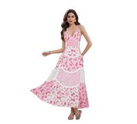 Hdjbinsk Women's Summer Floral Corset Dress Stylish Lace Patchwork Ruffled Trim Sleeveless Spaghetti Strap V Neck A-Line Maxi Boho Sundress Flowy Slit Bustier Floral Beach Outfit (Pink, L)