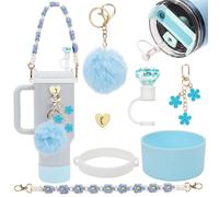 HDKAJL 7-Piece for Stanley Cup Accessories Set Blue - Fits 40oz/30oz for Stanley Classic Water Bottles, Includes Pom Pom Charm, Silicone Base Protector, Bohemian Weave Strap and Straw Cover