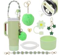 HDKAJL 7-Piece for Stanley Cup Accessories Set Green - Fits 40oz/30oz for Stanley Classic Water Bottles, Includes Pom Pom Charm, Silicone Base Protector, Bohemian Weave Strap and Straw Cover