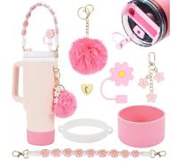 HDKAJL 7-Piece for Stanley Cup Accessories Set Pink - Fits 40oz/30oz for Stanley Classic Water Bottles, Includes Pom Pom Charm, Silicone Base Protector, Bohemian Weave Strap and Straw Cover