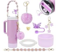 HDKAJL 7-Piece for Stanley Cup Accessories Set Purple - Fits 40oz/30oz for Stanley Classic Water Bottles, Includes Pom Pom Charm, Silicone Base Protector, Bohemian Weave Strap and Straw Cover