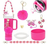 HDKAJL 7-Piece for Stanley Cup Accessories Set Red - Fits 40oz/30oz for Stanley Classic Water Bottles, Includes Pom Pom Charm, Silicone Base Protector, Bohemian Weave Strap and Straw Cover