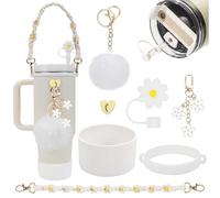 HDKAJL 7-Piece for Stanley Cup Accessories Set White - Fits 40oz/30oz for Stanley Classic Water Bottles, Includes Pom Pom Charm, Silicone Base Protector, Bohemian Weave Strap and Straw Cover