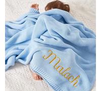 HDLOVE 100x80cm Personalised Baby Blanket, Cotton Knitted Blanket Personalized Embroidered Name Baby Boy Baby Girl Soft Blanket Baby Shower Breathable Stroller Blanket(Blue,Embroidery name)