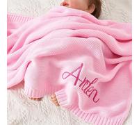 HDLOVE 100x80cm Personalised Baby Blanket, Cotton Knitted Blanket Personalized Embroidered Name Baby Boy Baby Girl Soft Blanket Baby Shower Breathable Stroller Blanket(Pink,Embroidery name)