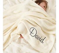 HDLOVE 100x80cm Personalised Baby Blankets, Cotton Knitted Blanket Personalized Embroidered Name Baby Boy Baby Girl Soft Blanket Baby Shower Breathable Stroller Blanket(Beige,Embroidery name)