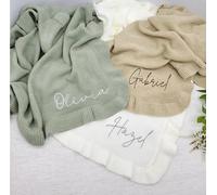 HDLOVE 75x95cm Personalised Baby Girl Gifts, Baby Blankets Newborn Soft, Name Personalized Soft Knitted Blanket Custom Embroidered Baby Ruffle Edge Blanket Newborn Blanket With Names(WHITE,E
