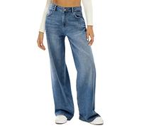 HDLTE Baggy Wide Leg Jeans Non-Stretch Fabric High Waist Loose YKK Zipper for All Leg Types Suitable for All Kinds of People, Light Blue, S