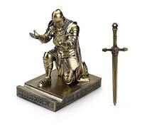 HDMbigmi King's Guard Leader Cloak Warrior Knight Pen Holder Mobile Phone Stand, Ornament Knight Statue, Pen Stand Paperweight with a Metal Sword Letter Opener for Office and Home (Bronze)