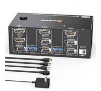 HDMI Displayport KVM Switch8K@60Hz/4K@144Hz,Triple Monitors KVM Switch for 2 Computers Share 3 Monitors and 4 USB3.0 Devices,with Wired Remote,and USB Cables Included