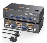 HDMI DP KVM Switch 2 Monitors 2 Computers, 8K@60Hz/4K@144Hz KVM Switch for 2 PC Sharing 2 Monitors, Keyboard, Mouse, with USB3.0 Cables, Wired Controller and Power Adapter