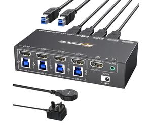 HDMI KVM Switch 4 Computers 8K@60Hz,4K@144Hz, 4 Port USB3.0 KVM Switches Simulation EDID for 4 Computers share 1 Monitor and Keyboard/Mouse/Hard Drives/Printer, with Wired Remote/ 12V power adapter