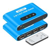 HDMI Switch 3 In 1 Out, 4K@60Hz HDMI Switcher Selector with Remote Control, Supports 4K 3D HD Monitor, Compatible with Laptop/PC/DVD Blu-Ray/PS5/PS4/Xbox/HDTV/Roku TV PC and More(Blue)