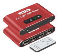 HDMI Switch 3 In 1 Out, 4K@60Hz HDMI Switcher Selector with Remote Control, Supports 4K 3D HD Monitor, Compatible with Laptop/PC/DVD Blu-Ray/PS5/PS4/Xbox/HDTV/Roku TV PC and More(Red)