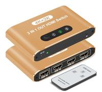 HDMI Switch 3 In 1 Out, Aluminum HDMI Splitter with Remote, HDMI Switcher Supports 4K 3D HD Monitor, Compatible with Laptop/PC/DVD Blu-Ray/PS5/PS4/Xbox/HDTV/Roku TV PC and More(Gold)