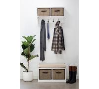 HDmirrorR Tetbury white storage bench and hanging shelf with brown wipe clean baskets and leather handles