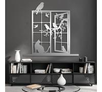 HDMOZUYT Whimsical Window Scene Metal Wall Art, Rustic Cat & Birds Silhouette Wall Decor, Nature-Themed Hanging Art for Living Room Bedroom Farmhouse, Cozy Home Decor for Pet & Nature Lovers (Silver