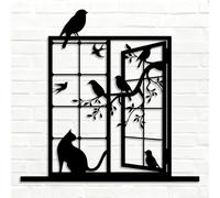HDMOZUYT Whimsical Window Scene Metal Wall Art, Rustic Cat & Birds Silhouette Wall Decor, Nature-Themed Hanging Art for Living Room Bedroom Farmhouse, Cozy Home Decor for Pet & Nature Lovers (Black