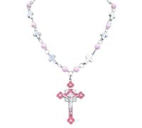 HDOYTXXM Religious Cross Rosary Necklace Pearls Bead Neck Chain for Collectible Handicraft Praying Meditations Baptisms Gift Women Necklace