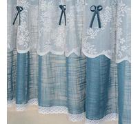 HDRH Cafe Net Curtain Kitchen Curtain Lace Tier Curtain Voile Short Curtain Hollow Crochet Half Window Curtains Panel Blue, With Lace And Bowknot